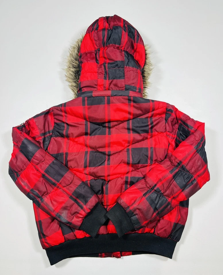 Ecko красный куртка женщин большой клетку с капюшоном искусственного меха пуховик пальто вышитый - Изображение 2 из 4