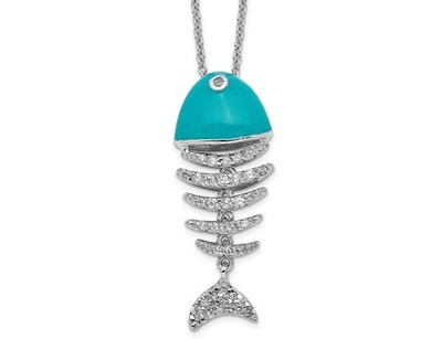 Sterling Silber Fisch Charm Anhänger Halskette mit Kette und Zirkonias