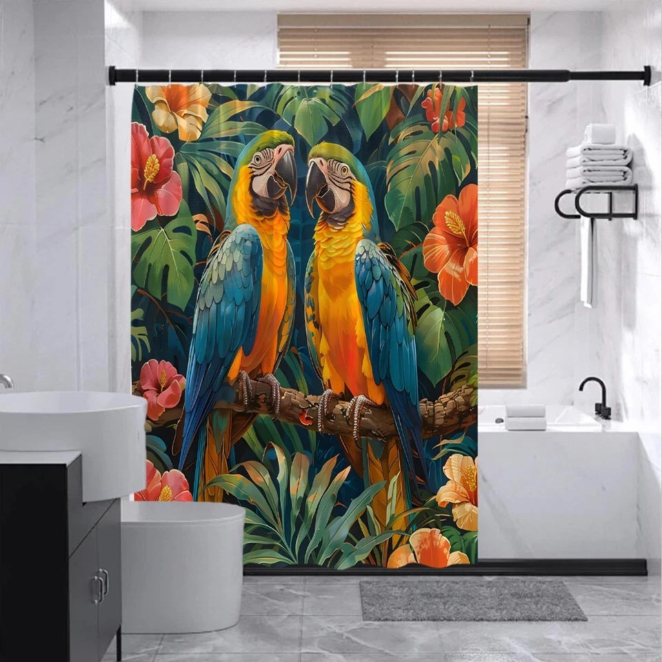 Cortina de Ducha Loro Tropical Pájaros Selva Floral Hojas Verdes Decoración Botánica Foto 2 de 4