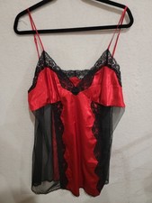 Vintage Frederick's of Hollywood Red Satin Black Sheer Lace Trim Chemise 1X