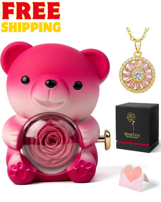 Cute Teddy Bear with Preserved Rose and Necklace, Elegant Bear Roses Gifts with