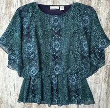 SERENGETI Women's Size M Turquoise Flowing Colorful Slimming Chiffon Blouse