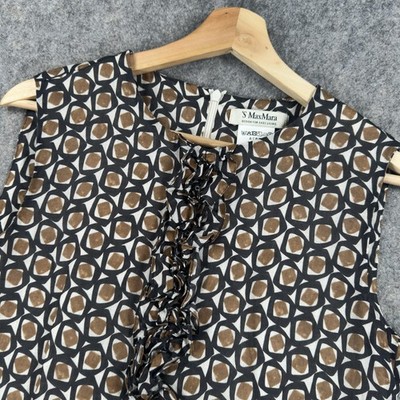 S Max Mara Blouse Womens 4 Brown Geometric Ruffle Ramie Tunic Top Sleeveless