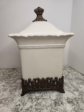 Chris Madden JCPenney Corvella Ivory Stoneware Canister Square Metal Base 12.5”