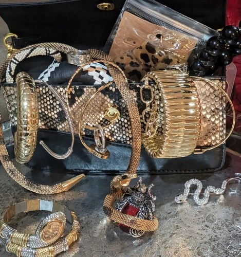 “Snake Theme Jewelry Lot w/ Snakeskin Purse – Wearable Vintage to Modern Costume