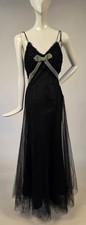 ANTIQUE 1930?S BLACK NET + RUFFLE LONG DRESS W TAFFETA LINING + VELVET TRIM