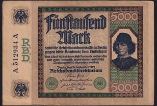 Germany 5000 Mark 1922 Old Paper Money Banknote Currency Rare Note P#77 VF
