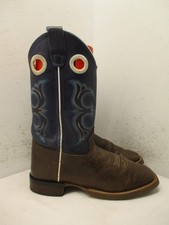 OLD WEST Youth Square Toe Brown Blue Leather Cowboy Boots Size 4.5 D Sty BSY1971