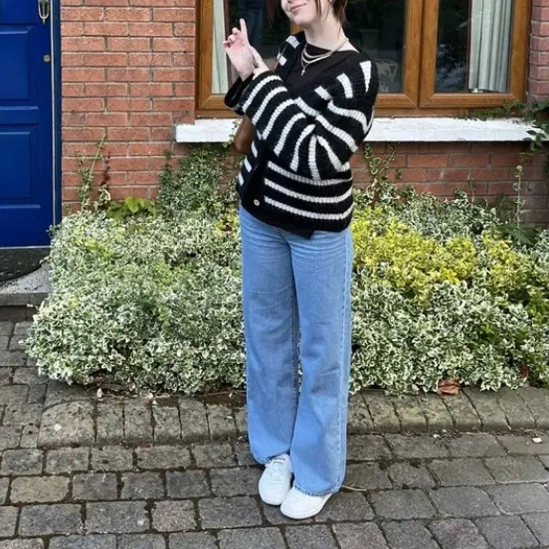 Cárdigan Suéter Pizarra y Sauce Negro Blanco Rayas PEQUEÑO Recortado Difuso $115 Foto 3 de 4