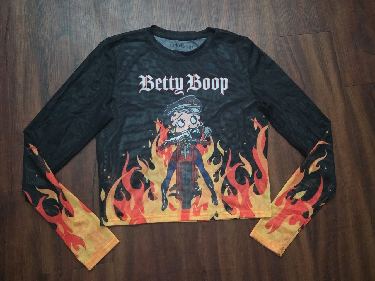 NEW Betty Boop Women's Long Sleeve Mesh Crop Top Size Large