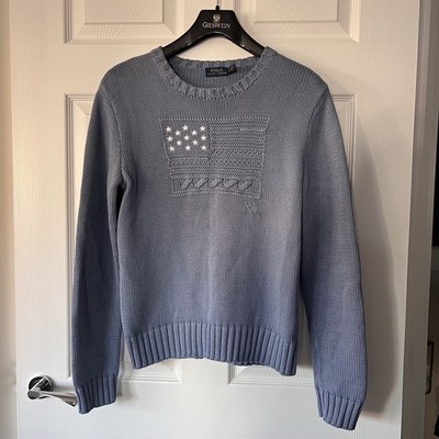 Polo Ralph Lauren USA Flag Pullover Zopfmuster Pullover Blau Damen Large Logo