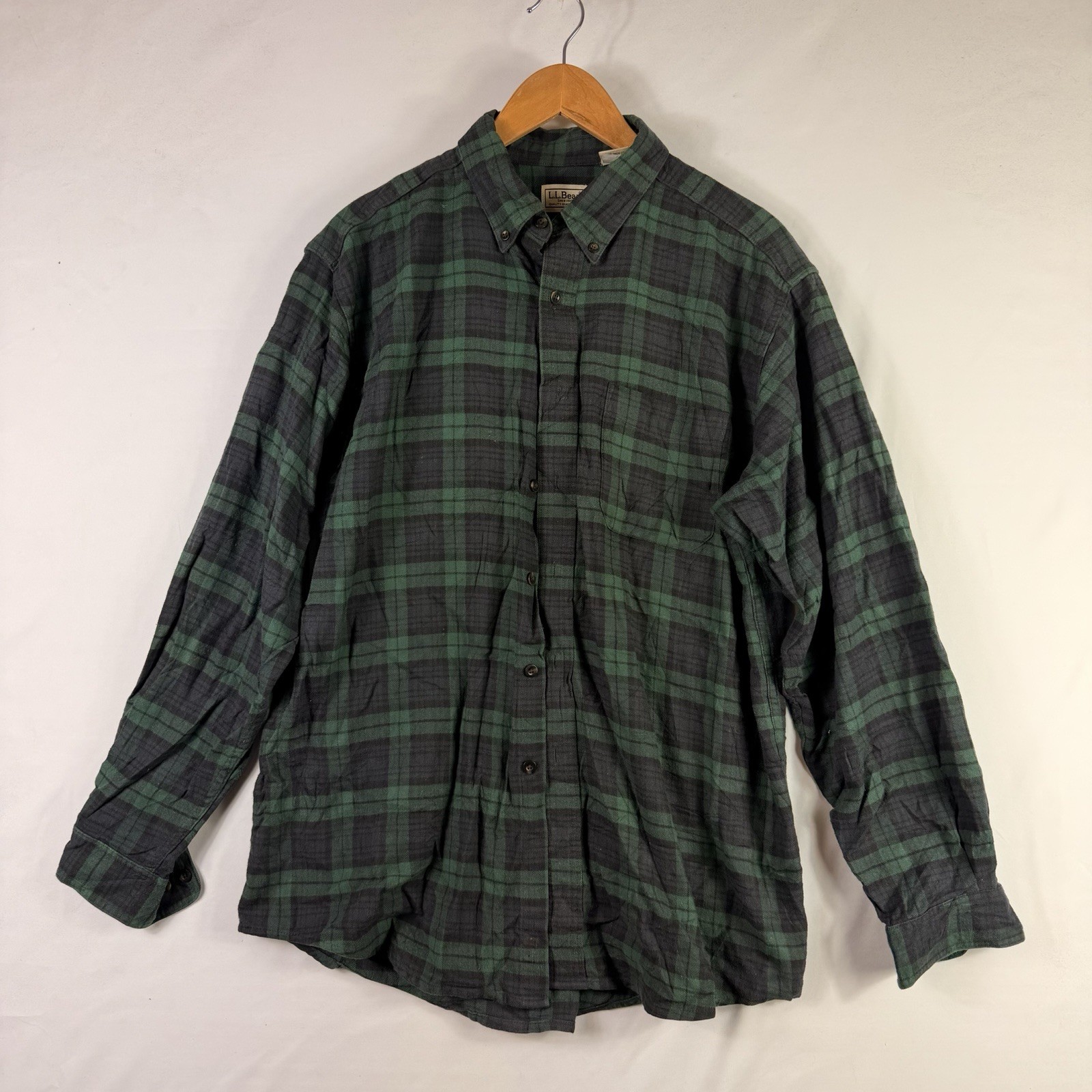 LL Bean Flannel Shirt Mens L Blue Green Plaid Heavy Button-Down Outdoor