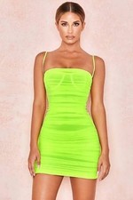 House of CB Ella Neon Green Ruched Organza Mesh Mini Stretch Dress Large