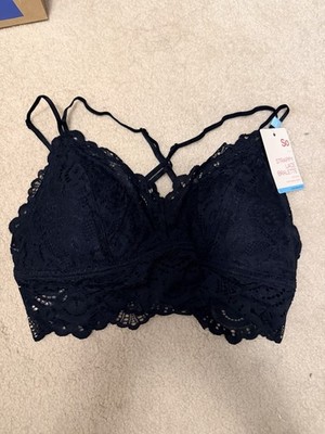 So Black Lace Strappy Bralette Bra L Wireless Spaghetti Straps Removable Pads