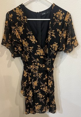 Women's Floral Print Dress Size L Large Multilayered Short Flared Sleeve CBR