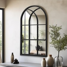 Dewfig Arched Window Wall Mirror, 42"x24" Windowpane Mirror, Black 42"L x 24"W