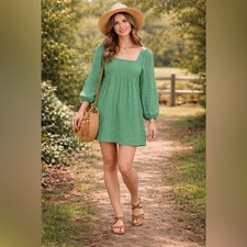J.Crew Green Cotton Gauze Mini Dress XS Puff Sleeve Square Neck Boho NWT