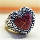 Size 9, vintage sterling 925 silver handmade bead textured ring w/ coral heart