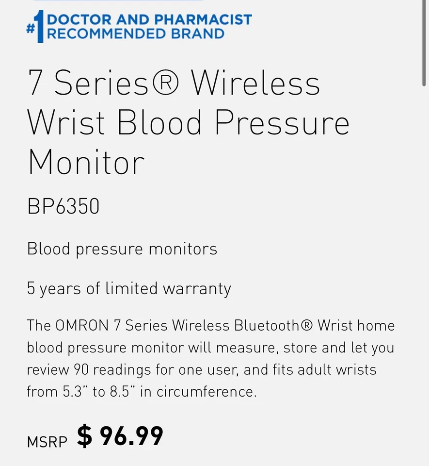 OMRON 7 Series Wireless Wrist Blood Pressure Monitor (Model BP6350) Brand New - Image 2 of 3
