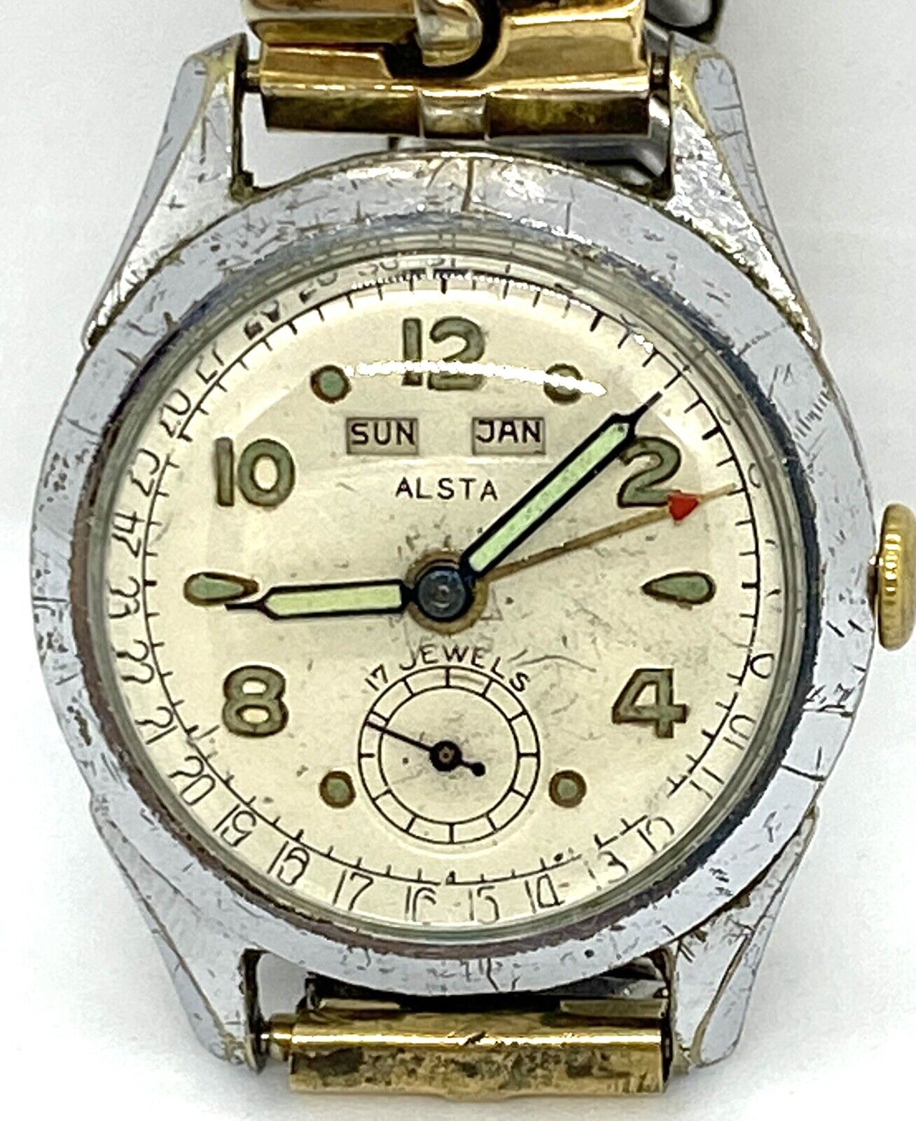 Vintage Alsta 17J Triple Date  Wrist Watch For Parts / Repair