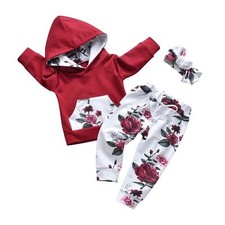 Baby Girls Floral Hoodie Outfit Sweatshirt Pants Pocket Headband Set Comfortable