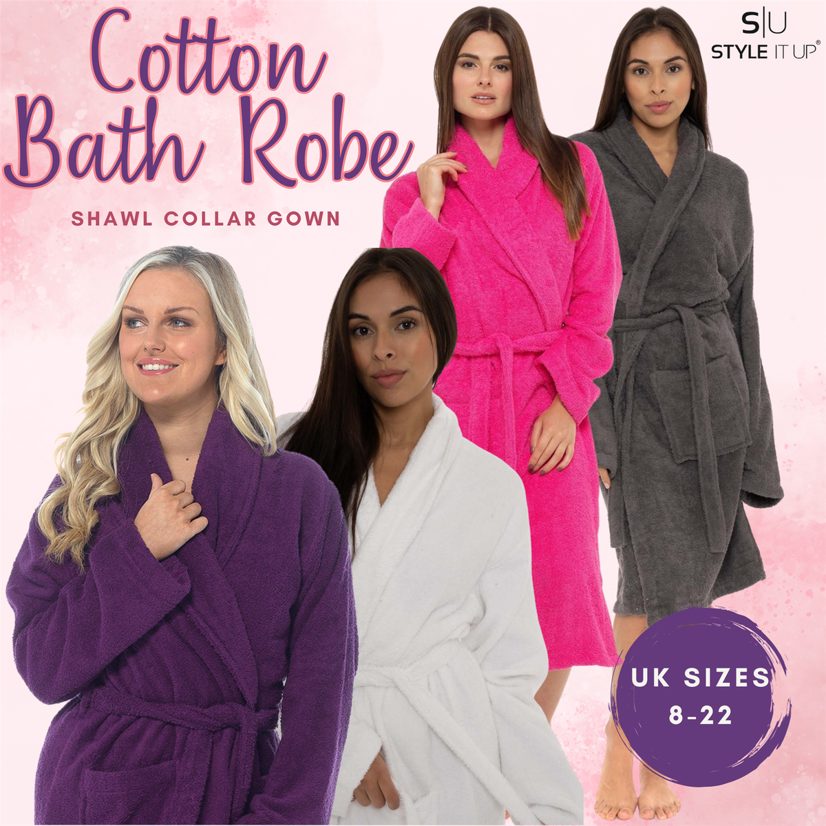 Womens Ladies Towelling Bath Robe Dressing Gown 100% Cotton Shawl Collar  Spa | eBay UK