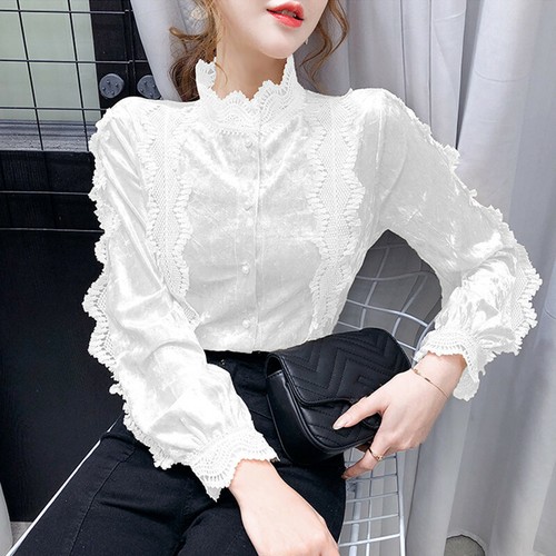 Women Velvet Shirts Lace Fringe Tops 