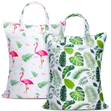 2 Pcs Large Travel Laundry Bag Waterproof with handle Green Leaf +Flamingo