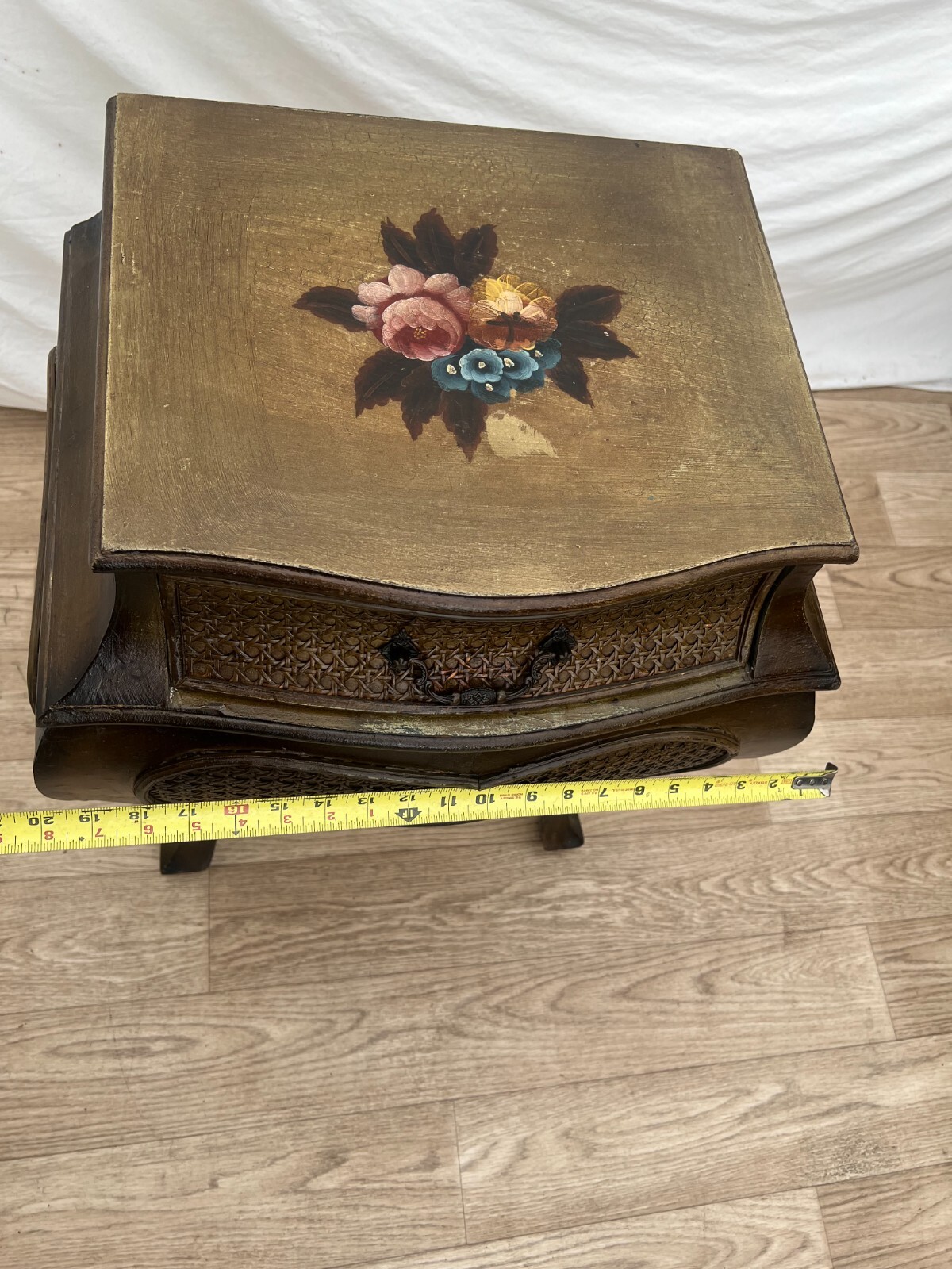 French Bombe Nightstand Chest Hand Painted Roses Rattan Trim Felted drawer