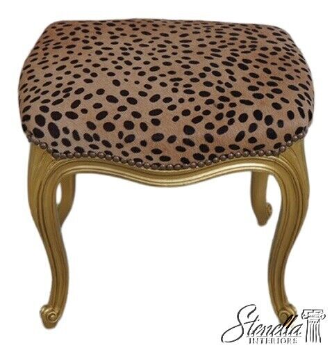 61417EC: French Gold Finish Leopard Print Upholstered Stool	 - Picture 1 of 11