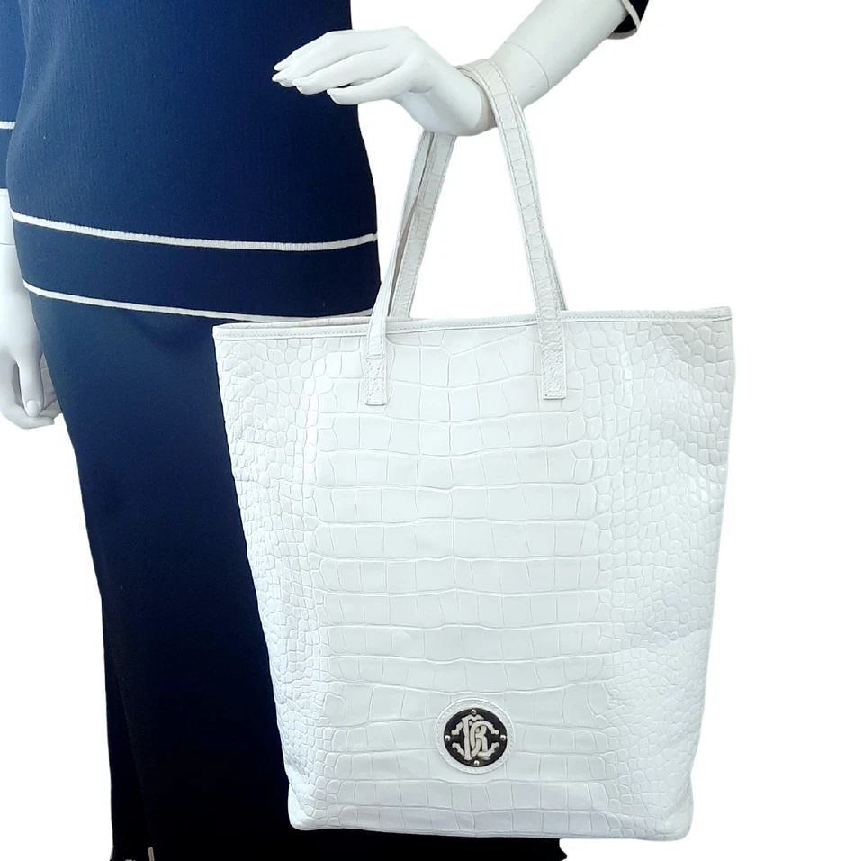 Bolso de Mano ROBERTO CAVALLI Croc Cuero Blanco Repujado Alto Mercado Shopper Foto 4 de 4