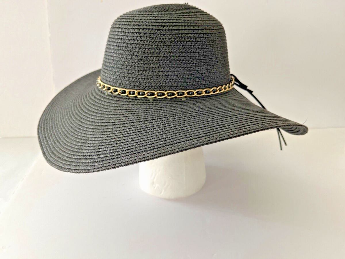 Women's Large Black Floppy Folding Wide Brim Straw Sun Beach