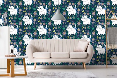 3D Cat Floral Leaves Pattern Self-adhesive Removeable Wallpaper Wall Mural
