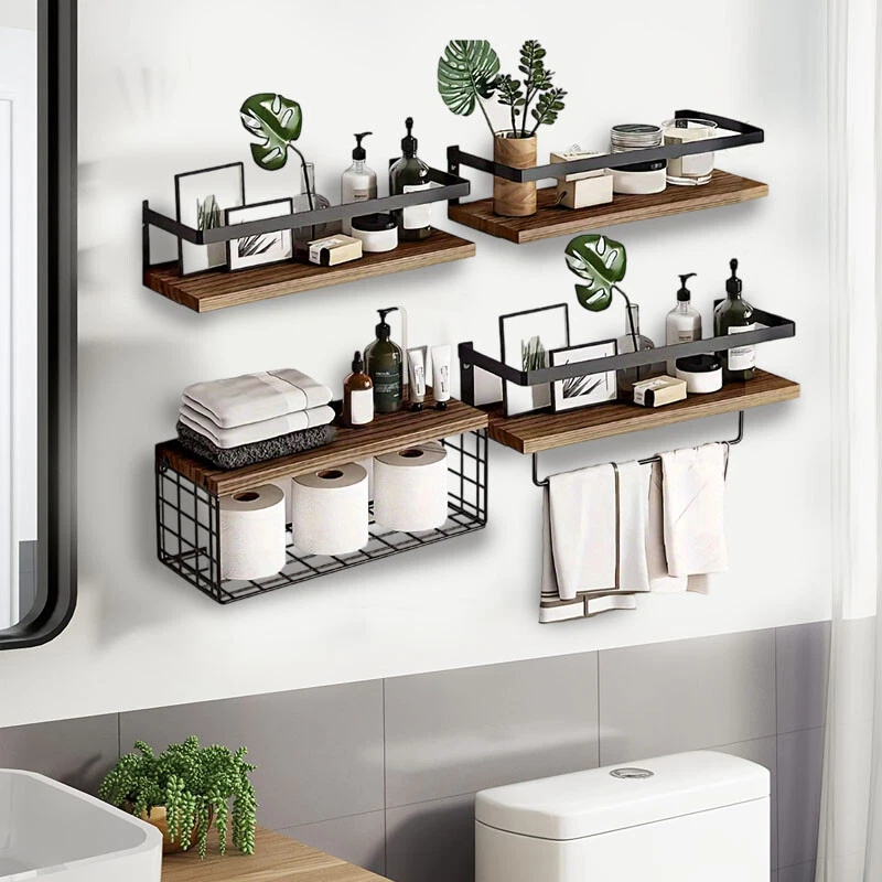 Prateleiras flutuantes de madeira 4 peças vitrine de parede prateleira de livros de armazenamento - Imagem 2 de 4