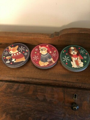 Twelve Dog Coasters Drinks Holiday Colorful Hardboard Three Different Four Each