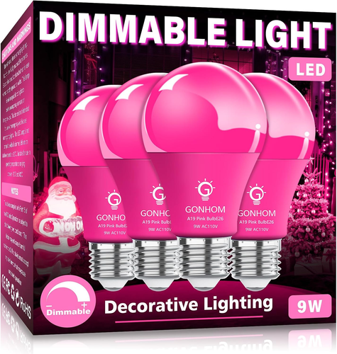 4 Pack A19 LED Pink Light Bulb 9W Equivalent 100W Christmas Colored Light Bulbs
