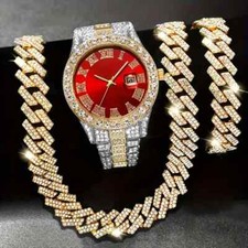 Simulated Diamond Luxury Watch Iced Cuban Chain Hip Hop Necklace Bracelet set