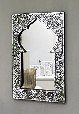Großer handgefertigter Mosaik Rechteck Wandspiegel marokkanisch schwarz silber gerahmt 72x49cm