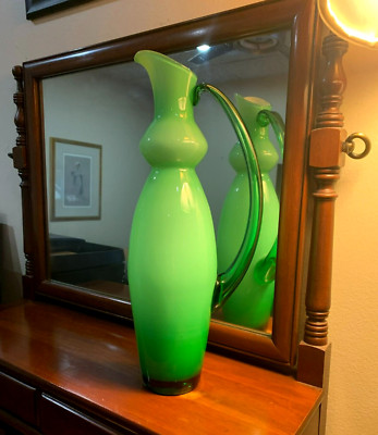 Orrefors Helen Krantz Green Glass Pitcher, Salsa Collection 15.5''
