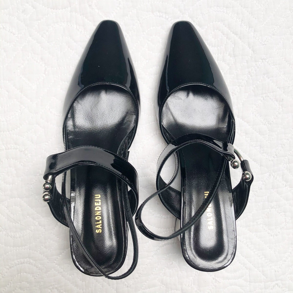 SALONDEJU Black Patent Leather Slingback Shoes Sandals Sz 36.5 