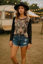 Vintage Y2K Vision Malhas Festival Boho Tiger Top Med Black Mesh Sleeves Brazil