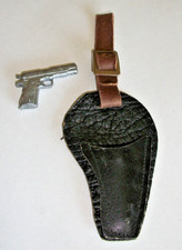 Vtg Miniature Metal Pistol Gun with Pebbles Leather Holster for Belt