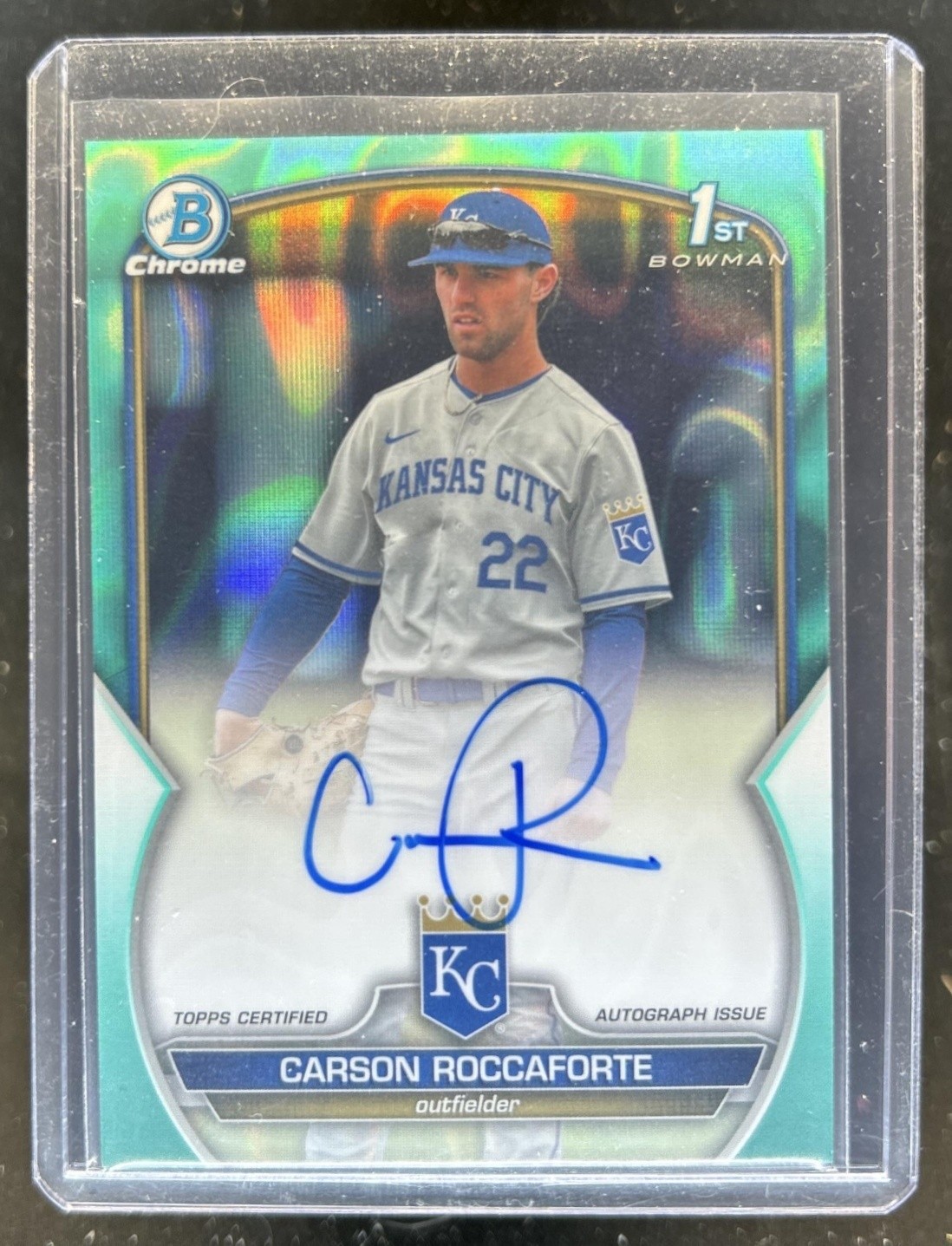 2023 Bowman Draft Carson Roccaforte Chrome Auto Aqua Lava Refractor 1st #/199