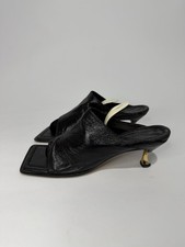Bottega Veneta Black Leather Square Toe Stretch Mules Gold Sculptural Heel EU 37
