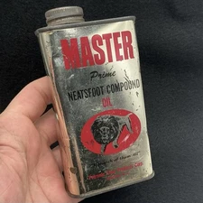 VINTAGE ADVERTISING MASTERS NEATFOOT 1/2 PT OIL LION TIN CAN PETRONIO SHOE CO 