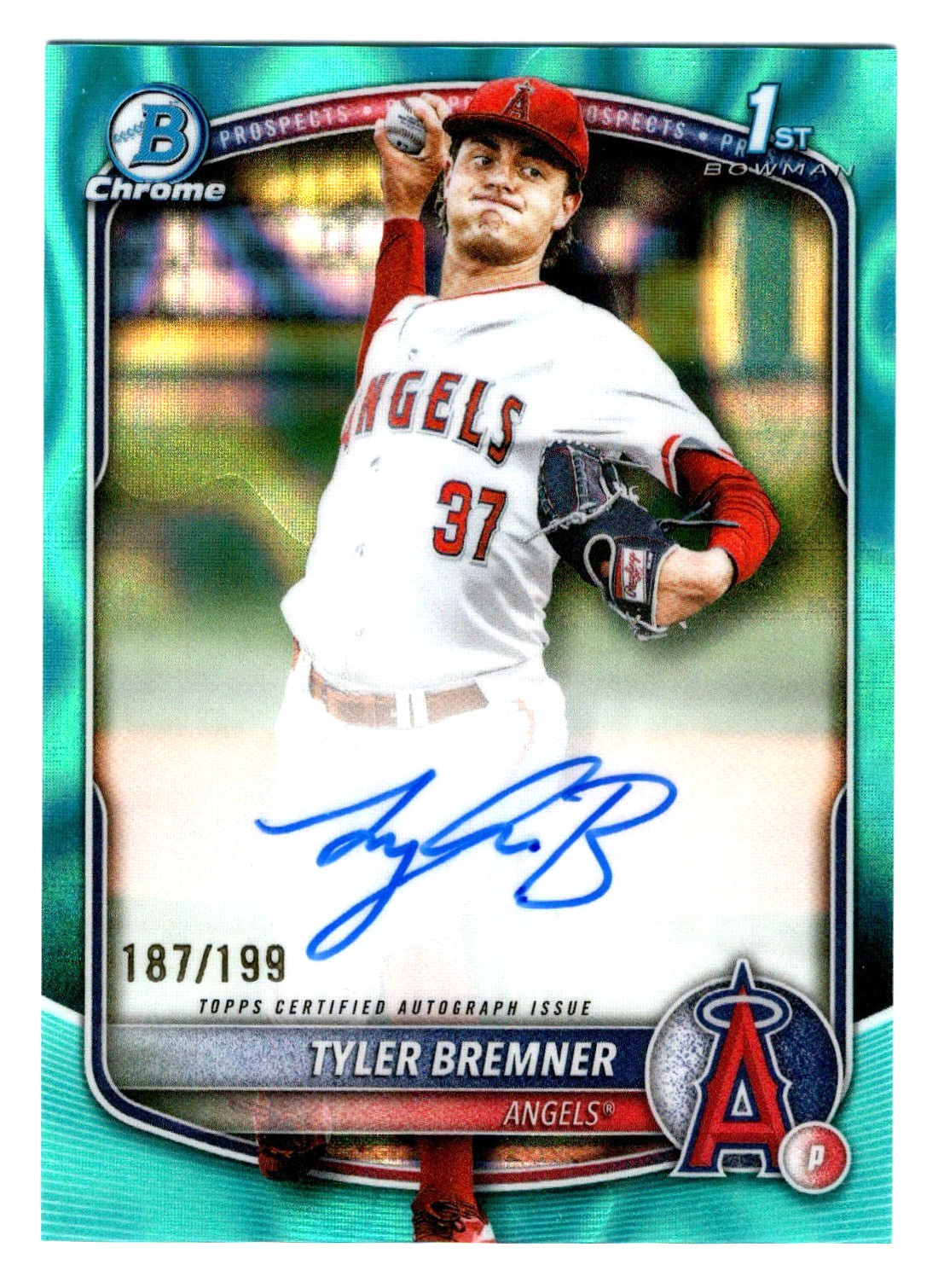 Tyler Bremner 2025 Bowman Chrome Draft 1st Year Aqua Lava Refractor Auto 187/199