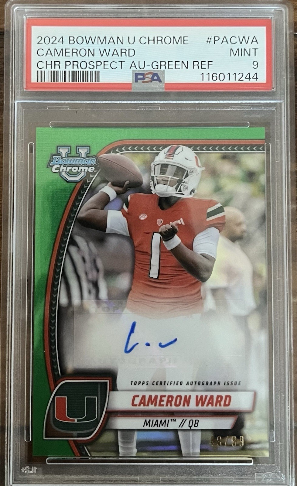 2024 bowman u chrome football Cam Ward Green Refractor Auto /99 PSA 9