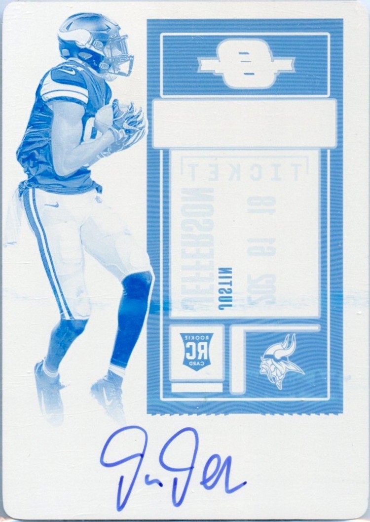 JUSTIN JEFFERSON RC 2020 CONTENDERS OPTIC PRINTING PLATE ROOKIE TICKET AUTO 1/1