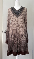 Cici Co Brown Tan Hobo Print Beaded V-Neck Bell Long Sleeve Gauze Dress Sz 12