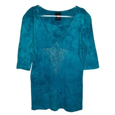 VTG Y2K Sledge USA Womens Size XL Teal Tie Dye Top Metallic Graphic Bling Grunge